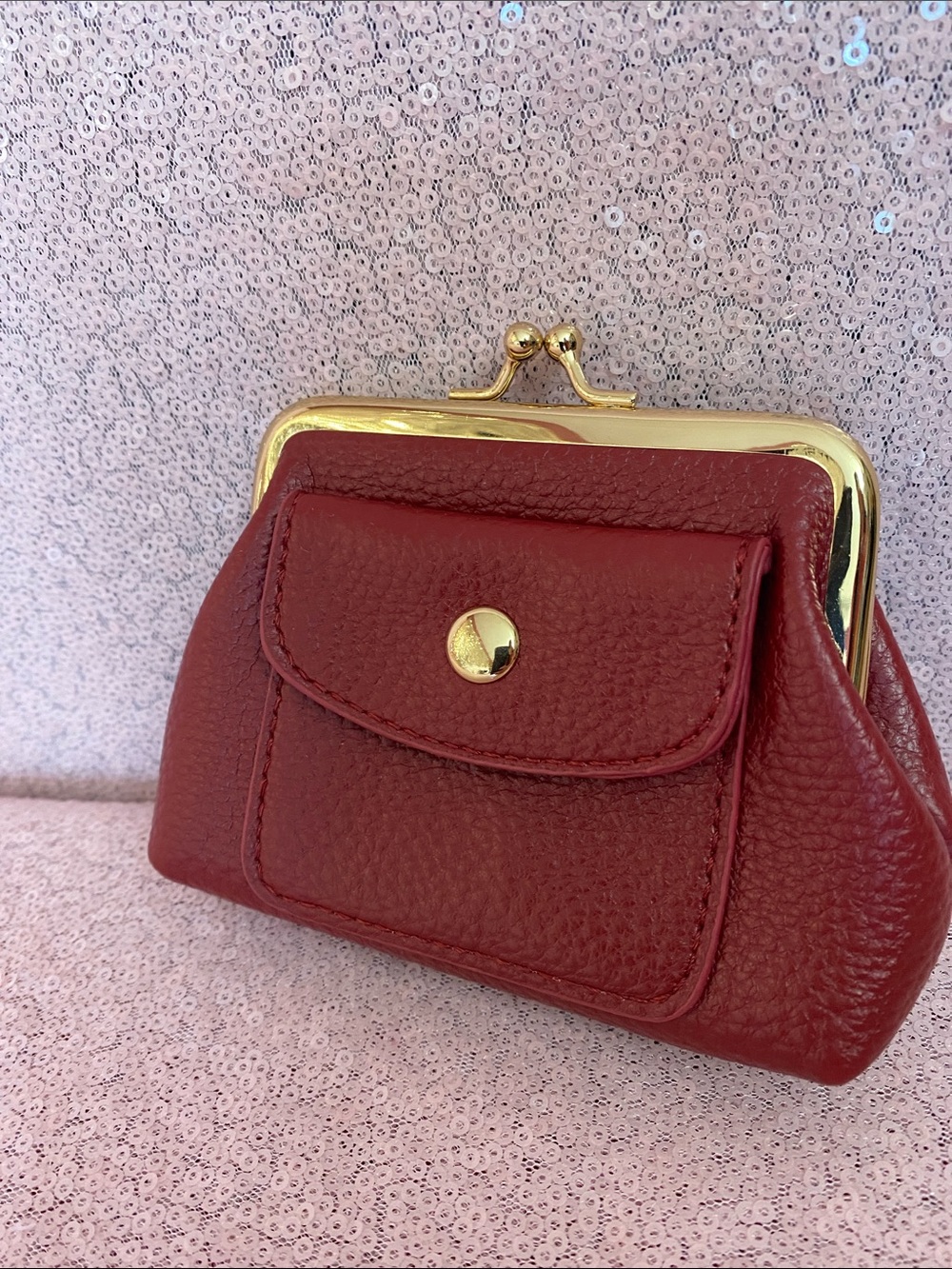 Red and gold color kiss lock coin purse with front pocket #030
